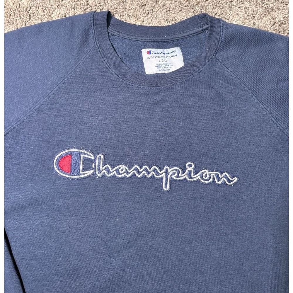Champion Mens Navy Blue‎ Script Logo Fleece Pullover Sweatshirt Large Raglan